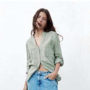 NWT Zara Linen Blend Tab Shirt. XS, Color Khaki